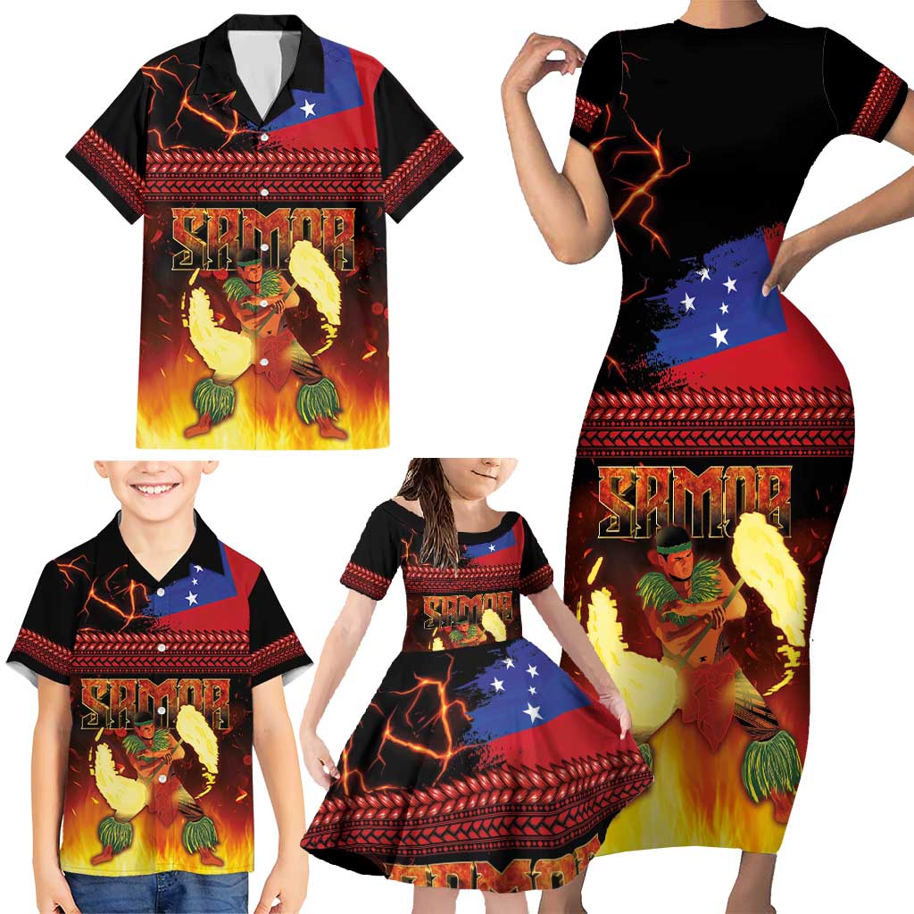 Samoan Siva Afi Family Matching Short Sleeve Bodycon Dress and Hawaiian Shirt Tribal Performers of Samoan Fire Knife Dancing LT03 - Polynesian Pride