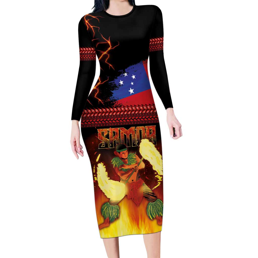 Samoan Siva Afi Long Sleeve Bodycon Dress Tribal Performers of Samoan Fire Knife Dancing LT03 Long Dress Black - Polynesian Pride