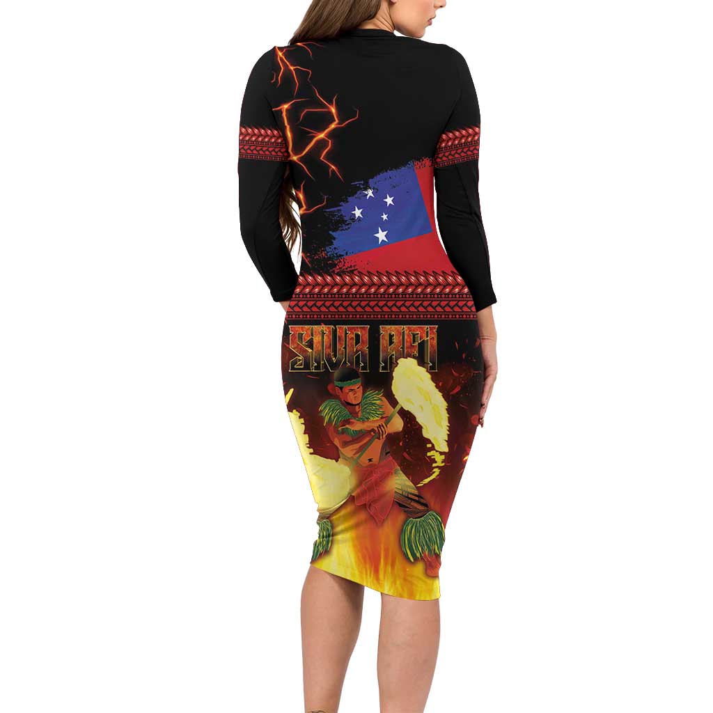 Samoan Siva Afi Long Sleeve Bodycon Dress Tribal Performers of Samoan Fire Knife Dancing LT03 - Polynesian Pride