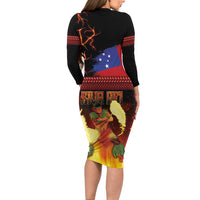 Samoan Siva Afi Long Sleeve Bodycon Dress Tribal Performers of Samoan Fire Knife Dancing LT03 - Polynesian Pride