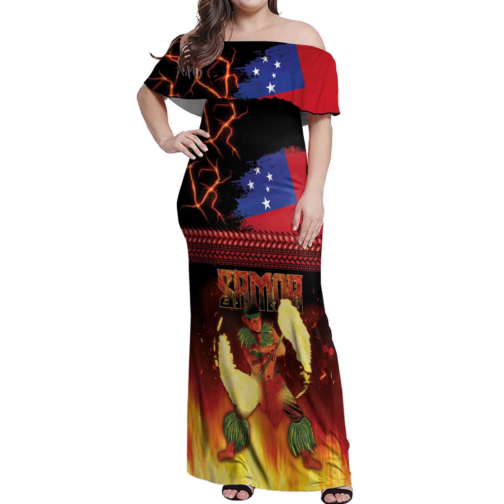 Samoan Siva Afi Off Shoulder Maxi Dress Tribal Performers of Samoan Fire Knife Dancing LT03 Women Black - Polynesian Pride