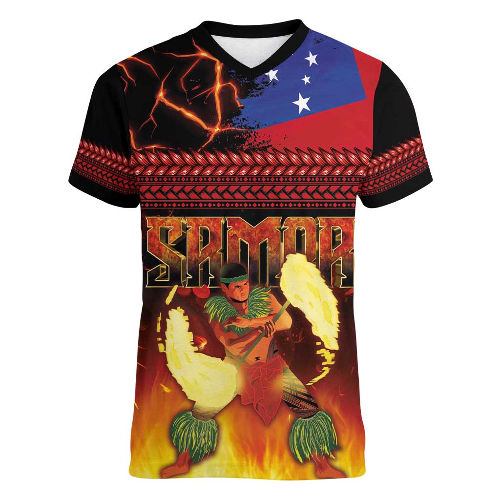 Samoan Siva Afi Women V-Neck T-Shirt Tribal Performers of Samoan Fire Knife Dancing LT03 Female Black - Polynesian Pride