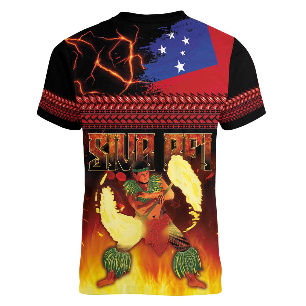 Samoan Siva Afi Women V-Neck T-Shirt Tribal Performers of Samoan Fire Knife Dancing LT03 - Polynesian Pride