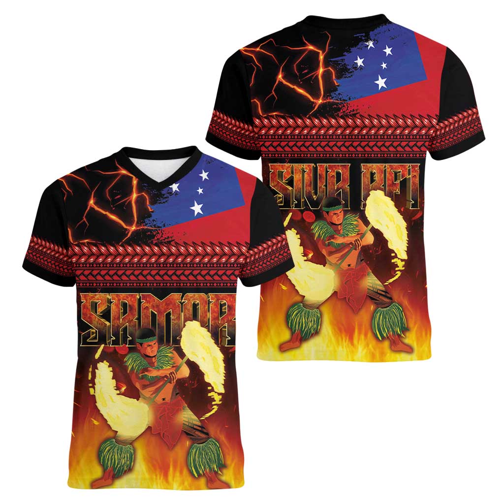 Samoan Siva Afi Women V-Neck T-Shirt Tribal Performers of Samoan Fire Knife Dancing LT03 - Polynesian Pride