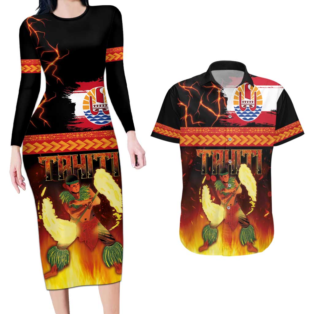 Tahitian Siva Afi Couples Matching Long Sleeve Bodycon Dress and Hawaiian Shirt Tribal Performers of Tahitian Fire Knife Dancing LT03 Black - Polynesian Pride