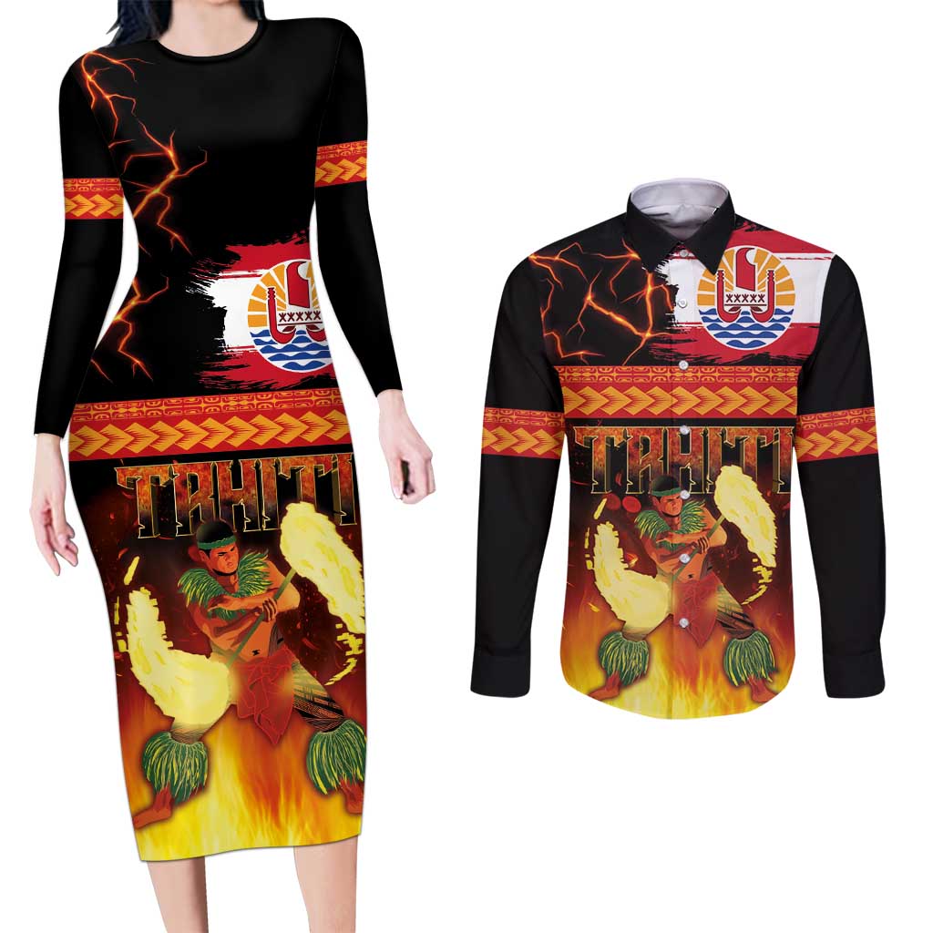 Tahitian Siva Afi Couples Matching Long Sleeve Bodycon Dress and Long Sleeve Button Shirt Tribal Performers of Tahitian Fire Knife Dancing LT03 Black - Polynesian Pride