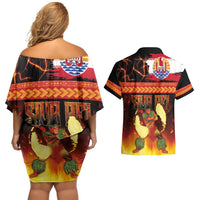 Tahitian Siva Afi Couples Matching Off Shoulder Short Dress and Hawaiian Shirt Tribal Performers of Tahitian Fire Knife Dancing LT03 - Polynesian Pride