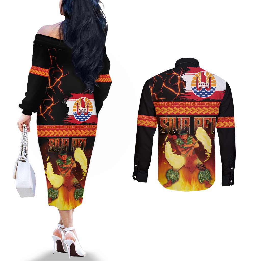 Tahitian Siva Afi Couples Matching Off The Shoulder Long Sleeve Dress and Long Sleeve Button Shirt Tribal Performers of Tahitian Fire Knife Dancing LT03 - Polynesian Pride