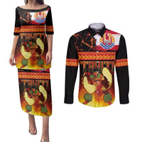 Tahitian Siva Afi Couples Matching Puletasi and Long Sleeve Button Shirt Tribal Performers of Tahitian Fire Knife Dancing LT03 Black - Polynesian Pride