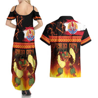 Tahitian Siva Afi Couples Matching Summer Maxi Dress and Hawaiian Shirt Tribal Performers of Tahitian Fire Knife Dancing LT03 - Polynesian Pride