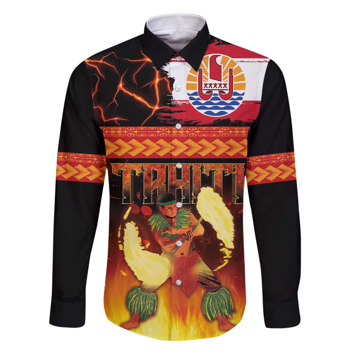 Tahitian Siva Afi Family Matching Off The Shoulder Long Sleeve Dress and Hawaiian Shirt Tribal Performers of Tahitian Fire Knife Dancing LT03 Dad's Shirt - Long Sleeve Black - Polynesian Pride