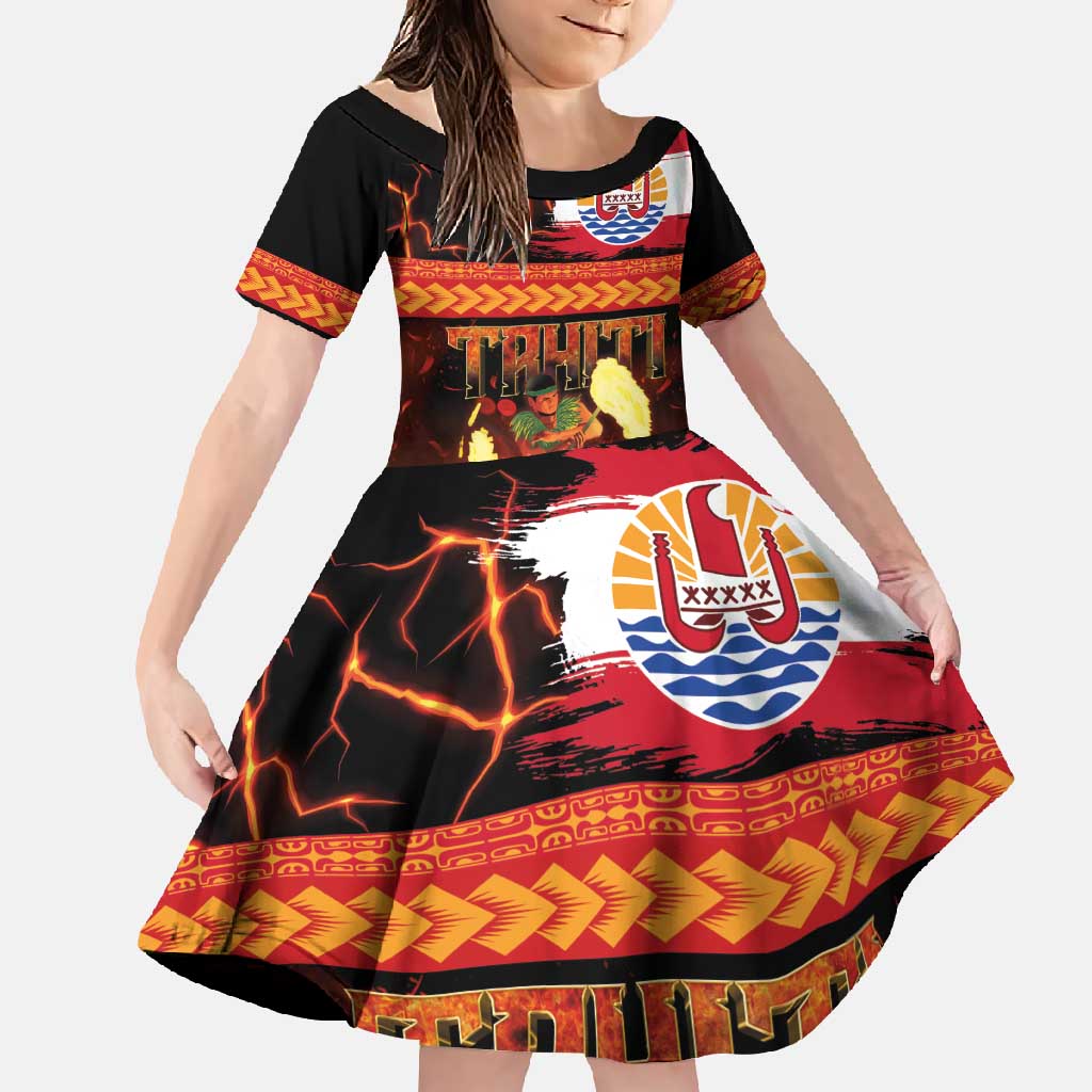 Tahitian Siva Afi Family Matching Off Shoulder Maxi Dress and Hawaiian Shirt Tribal Performers of Tahitian Fire Knife Dancing LT03 Daughter's Dress Black - Polynesian Pride