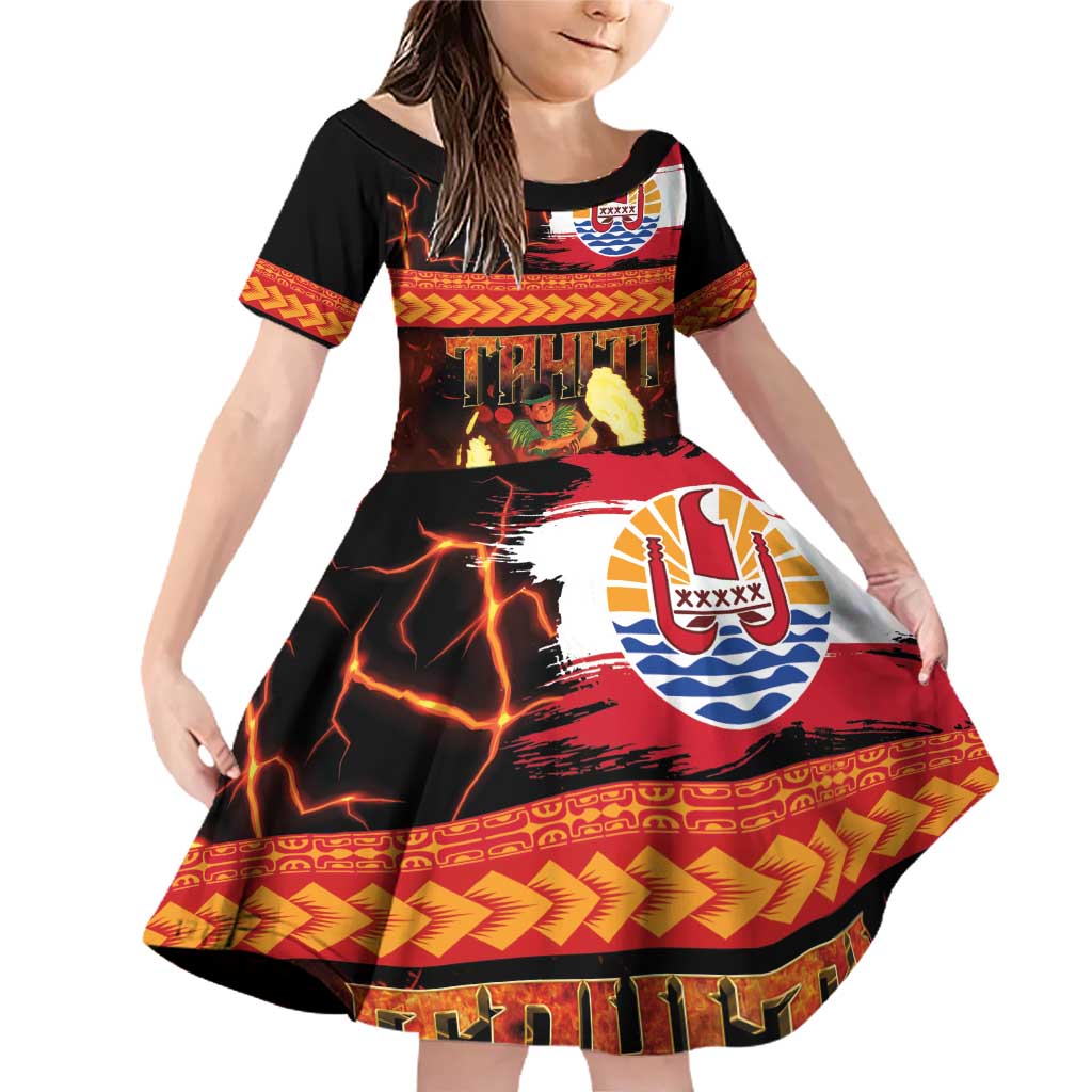 Tahitian Siva Afi Family Matching Off Shoulder Short Dress and Hawaiian Shirt Tribal Performers of Tahitian Fire Knife Dancing LT03 Daughter's Dress Black - Polynesian Pride