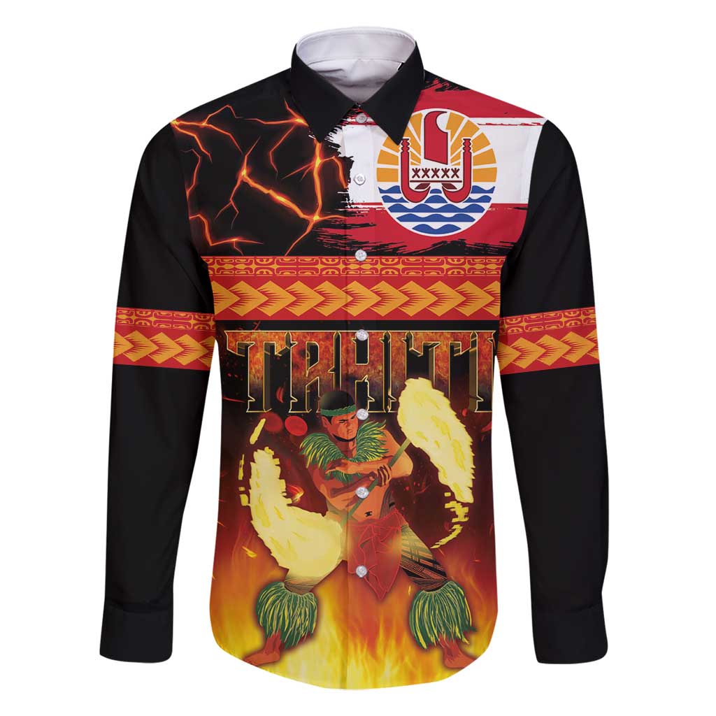 Tahitian Siva Afi Family Matching Off Shoulder Short Dress and Hawaiian Shirt Tribal Performers of Tahitian Fire Knife Dancing LT03 Dad's Shirt - Long Sleeve Black - Polynesian Pride