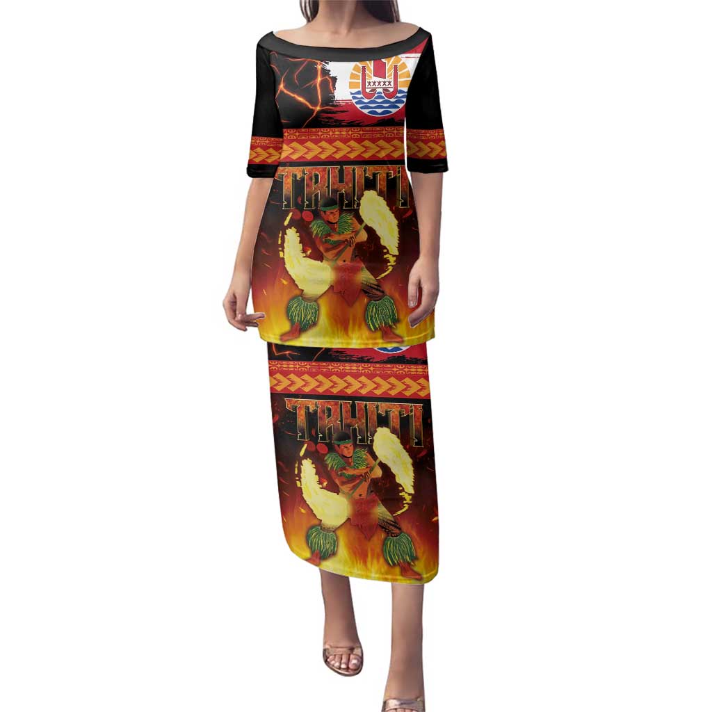 Tahitian Siva Afi Family Matching Puletasi and Hawaiian Shirt Tribal Performers of Tahitian Fire Knife Dancing LT03 Mom's Dress Black - Polynesian Pride