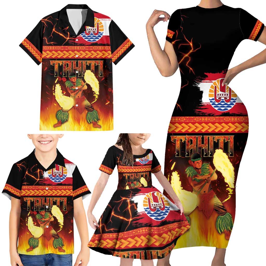 Tahitian Siva Afi Family Matching Short Sleeve Bodycon Dress and Hawaiian Shirt Tribal Performers of Tahitian Fire Knife Dancing LT03 - Polynesian Pride