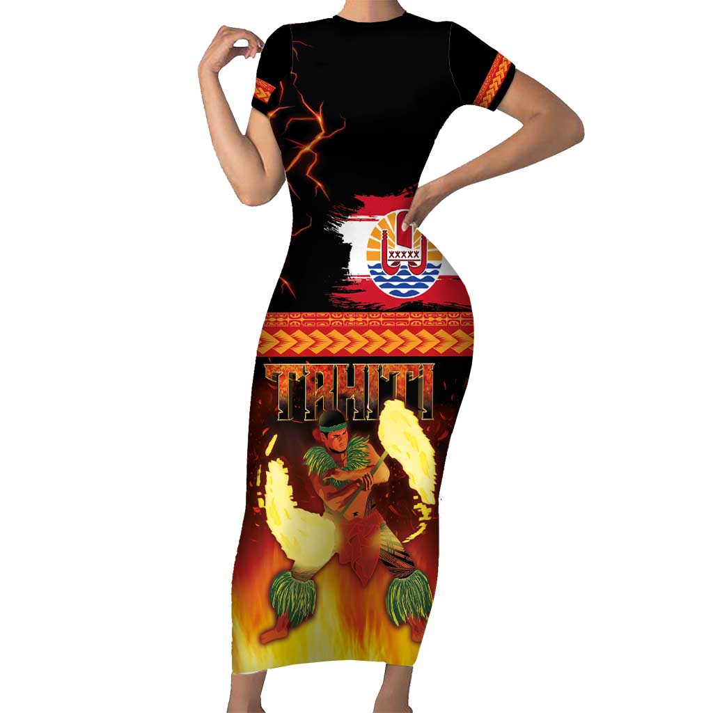 Tahitian Siva Afi Family Matching Short Sleeve Bodycon Dress and Hawaiian Shirt Tribal Performers of Tahitian Fire Knife Dancing LT03 Mom's Dress Black - Polynesian Pride