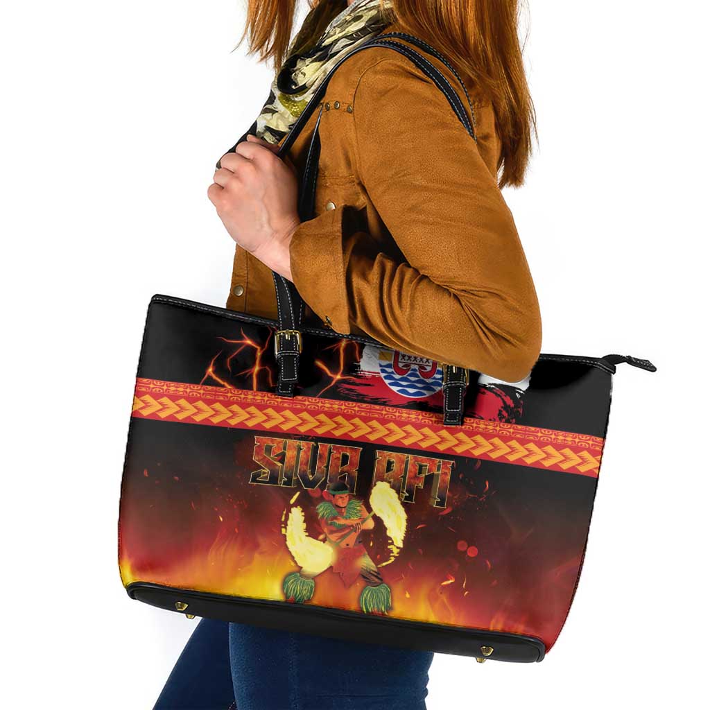 Tahitian Siva Afi Leather Tote Bag Tribal Performers of Tahitian Fire Knife Dancing LT03 Black - Polynesian Pride
