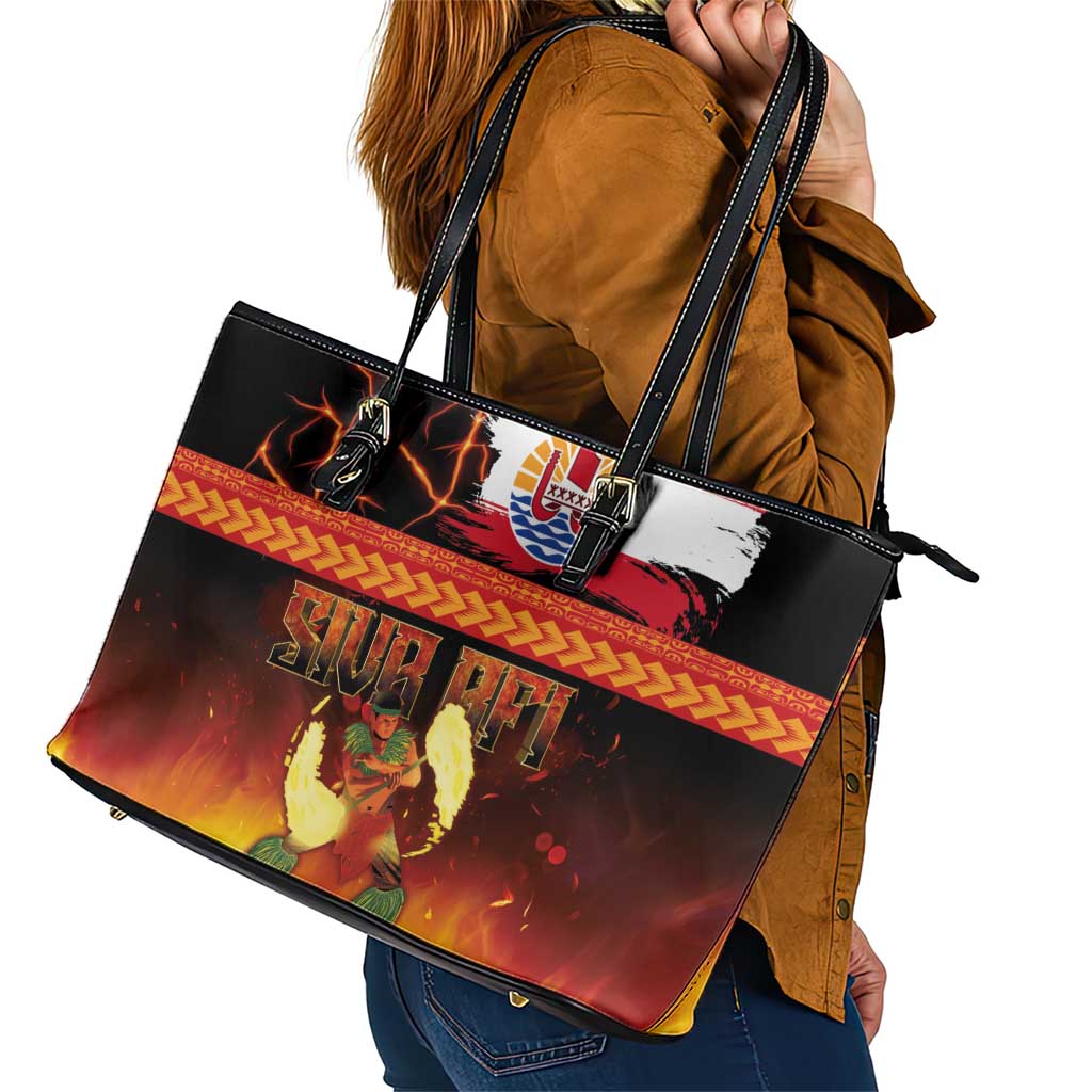 Tahitian Siva Afi Leather Tote Bag Tribal Performers of Tahitian Fire Knife Dancing LT03 - Polynesian Pride