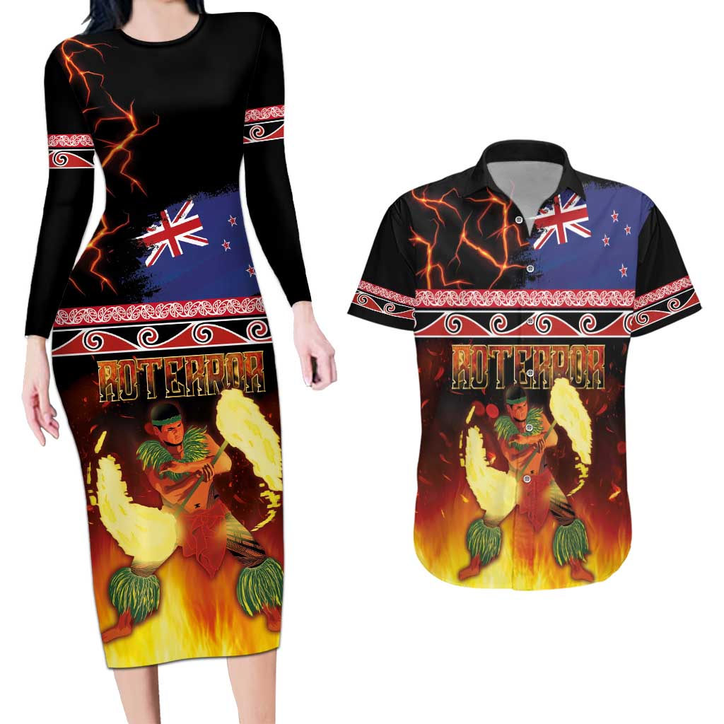 Aotearoa Siva Afi Couples Matching Long Sleeve Bodycon Dress and Hawaiian Shirt Tribal Performers of Aotearoa Fire Knife Dancing LT03 Black - Polynesian Pride