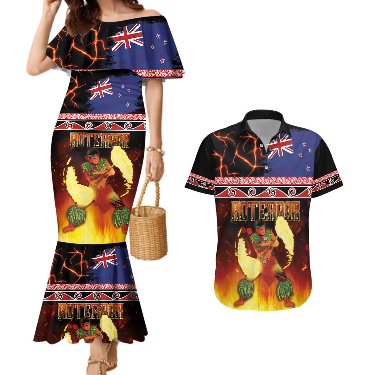 Aotearoa Siva Afi Couples Matching Mermaid Dress and Hawaiian Shirt Tribal Performers of Aotearoa Fire Knife Dancing LT03 Black - Polynesian Pride