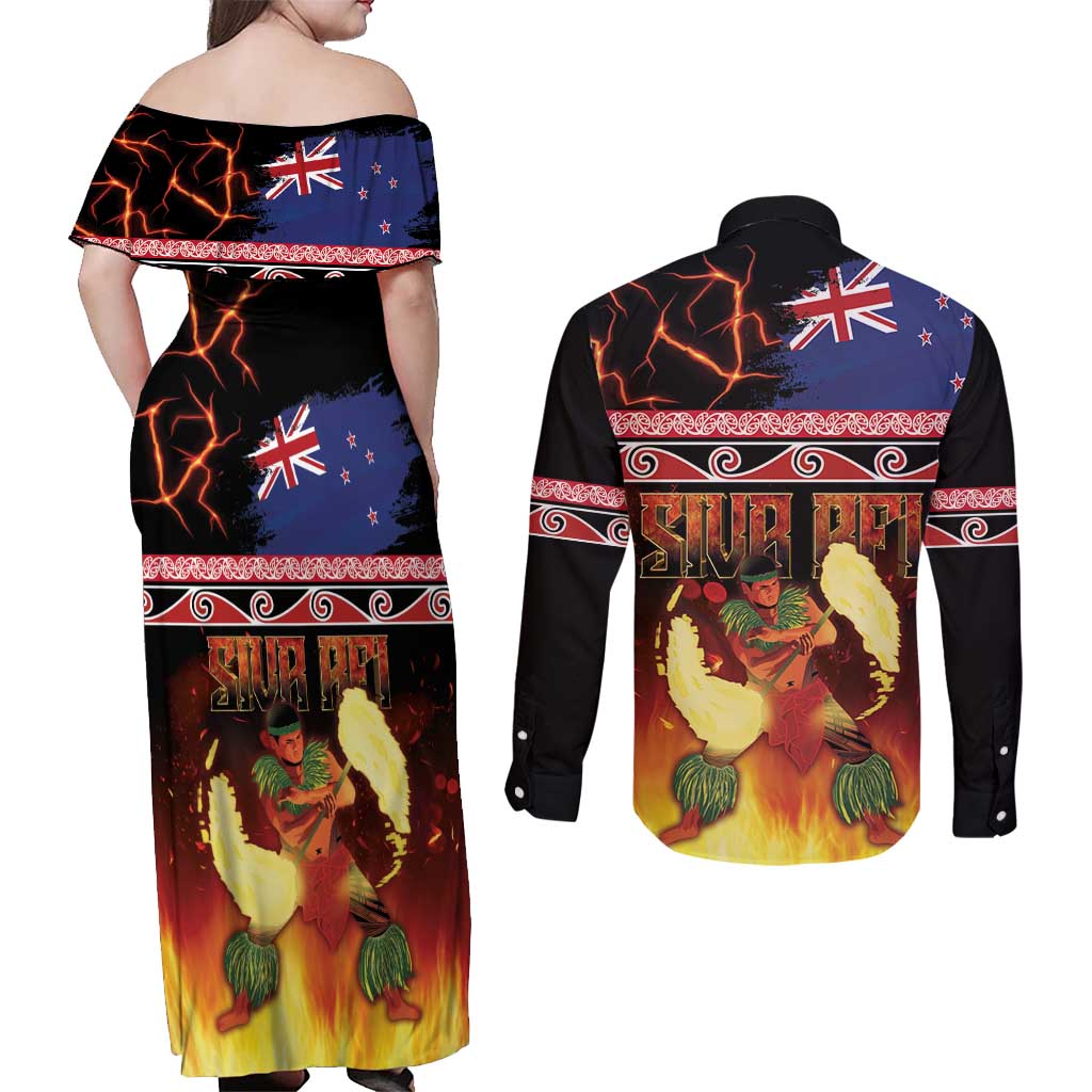 Aotearoa Siva Afi Couples Matching Off Shoulder Maxi Dress and Long Sleeve Button Shirt Tribal Performers of Aotearoa Fire Knife Dancing LT03 - Polynesian Pride