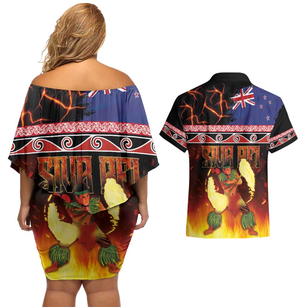 Aotearoa Siva Afi Couples Matching Off Shoulder Short Dress and Hawaiian Shirt Tribal Performers of Aotearoa Fire Knife Dancing LT03 - Polynesian Pride
