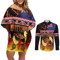 Aotearoa Siva Afi Couples Matching Off Shoulder Short Dress and Long Sleeve Button Shirt Tribal Performers of Aotearoa Fire Knife Dancing LT03 Black - Polynesian Pride