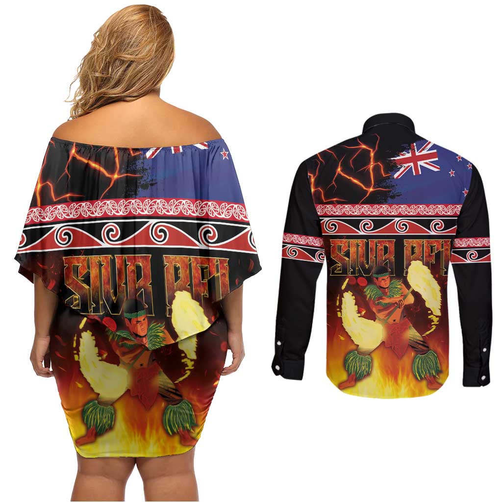 Aotearoa Siva Afi Couples Matching Off Shoulder Short Dress and Long Sleeve Button Shirt Tribal Performers of Aotearoa Fire Knife Dancing LT03 - Polynesian Pride