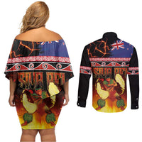 Aotearoa Siva Afi Couples Matching Off Shoulder Short Dress and Long Sleeve Button Shirt Tribal Performers of Aotearoa Fire Knife Dancing LT03 - Polynesian Pride