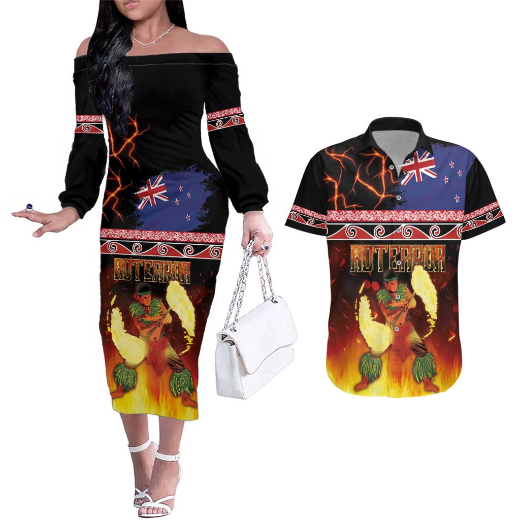 Aotearoa Siva Afi Couples Matching Off The Shoulder Long Sleeve Dress and Hawaiian Shirt Tribal Performers of Aotearoa Fire Knife Dancing LT03 Black - Polynesian Pride