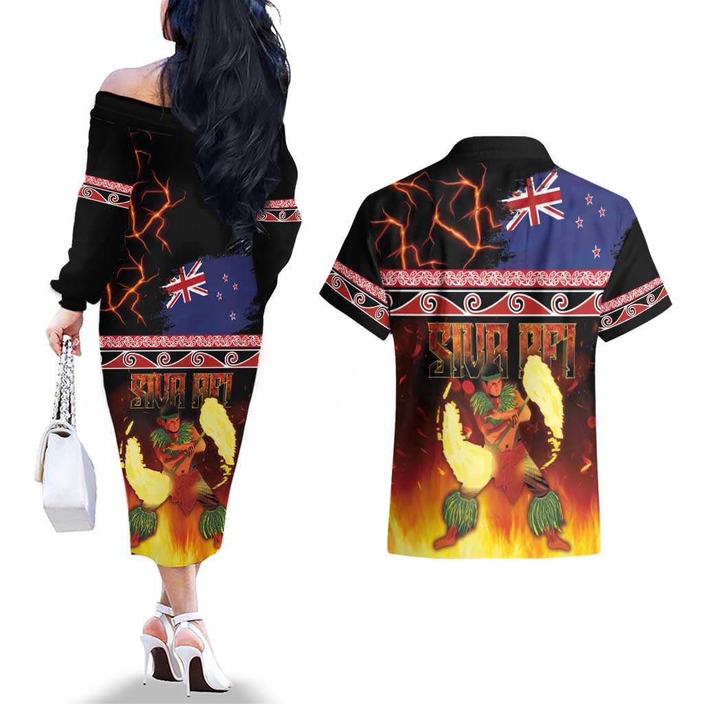 Aotearoa Siva Afi Couples Matching Off The Shoulder Long Sleeve Dress and Hawaiian Shirt Tribal Performers of Aotearoa Fire Knife Dancing LT03 - Polynesian Pride