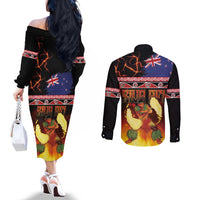 Aotearoa Siva Afi Couples Matching Off The Shoulder Long Sleeve Dress and Long Sleeve Button Shirt Tribal Performers of Aotearoa Fire Knife Dancing LT03 - Polynesian Pride