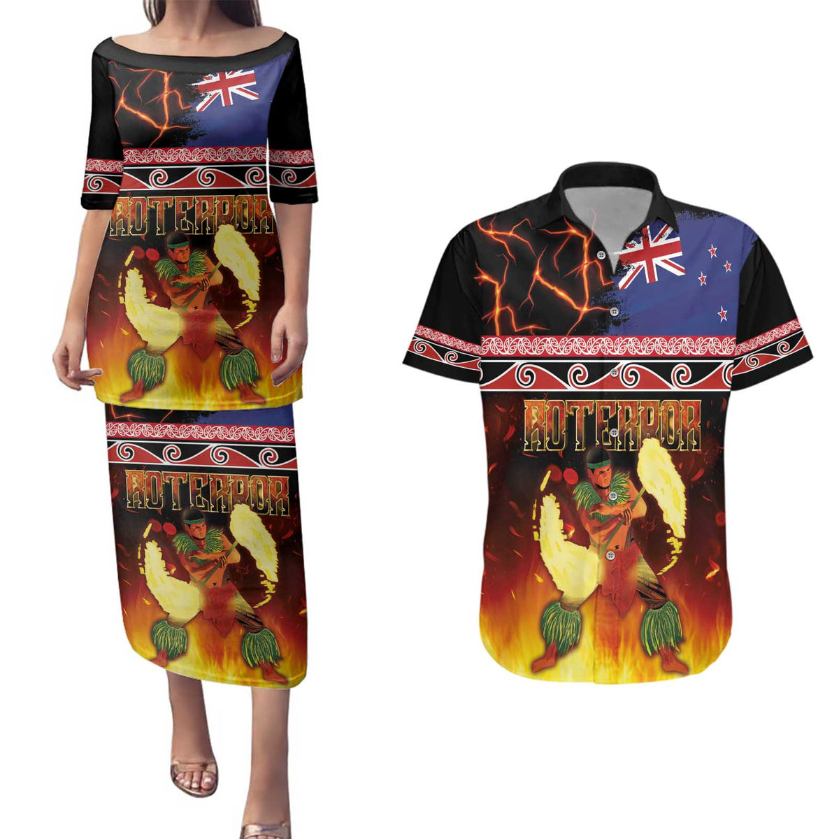 Aotearoa Siva Afi Couples Matching Puletasi and Hawaiian Shirt Tribal Performers of Aotearoa Fire Knife Dancing LT03 Black - Polynesian Pride