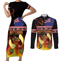 Aotearoa Siva Afi Couples Matching Short Sleeve Bodycon Dress and Long Sleeve Button Shirt Tribal Performers of Aotearoa Fire Knife Dancing LT03 Black - Polynesian Pride