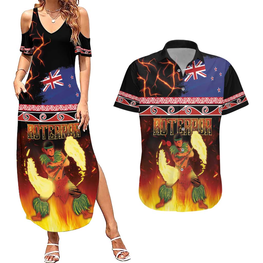 Aotearoa Siva Afi Couples Matching Summer Maxi Dress and Hawaiian Shirt Tribal Performers of Aotearoa Fire Knife Dancing LT03 Black - Polynesian Pride