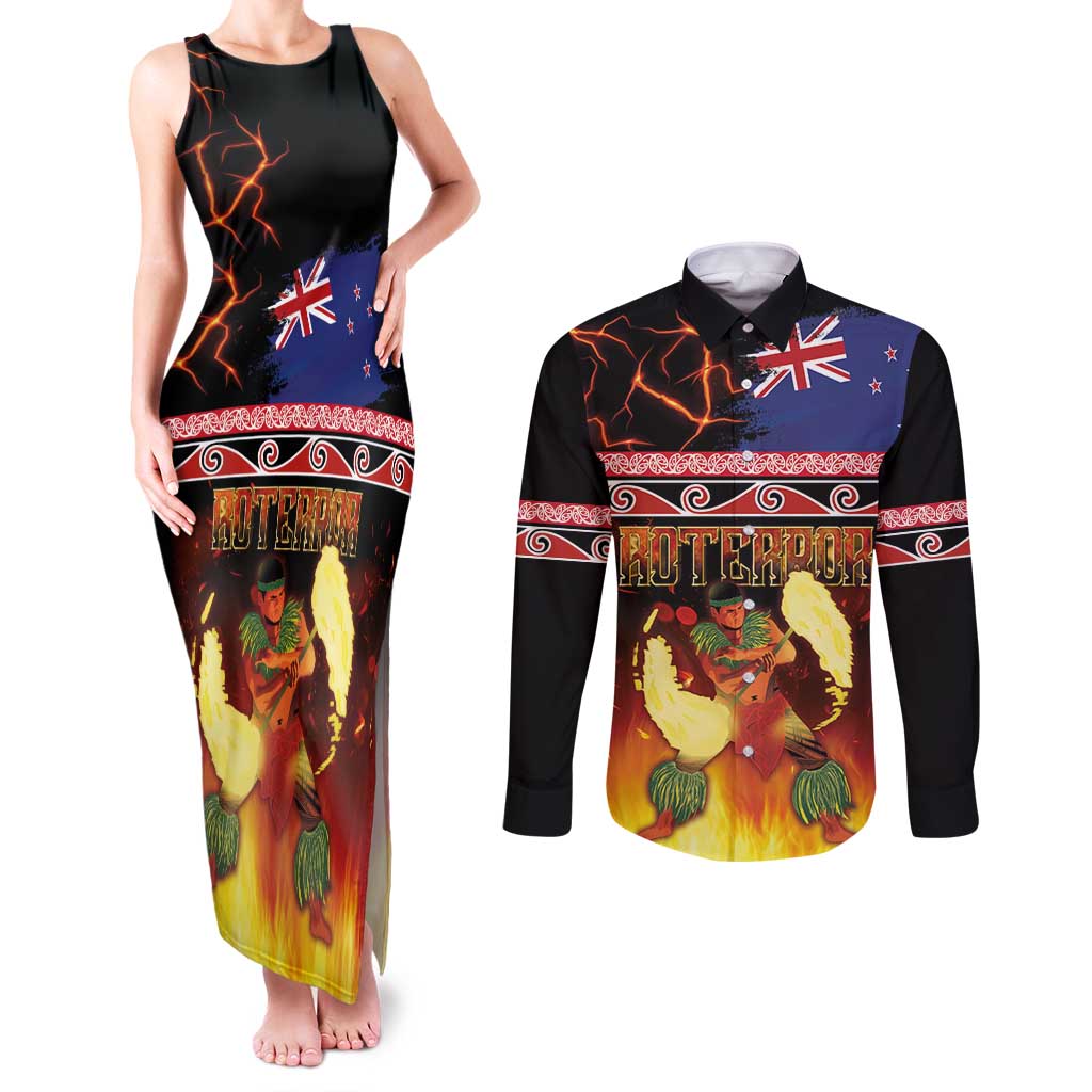 Aotearoa Siva Afi Couples Matching Tank Maxi Dress and Long Sleeve Button Shirt Tribal Performers of Aotearoa Fire Knife Dancing LT03 Black - Polynesian Pride