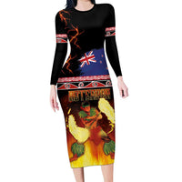 Aotearoa Siva Afi Family Matching Long Sleeve Bodycon Dress and Hawaiian Shirt Tribal Performers of Aotearoa Fire Knife Dancing LT03 Mom's Dress Black - Polynesian Pride