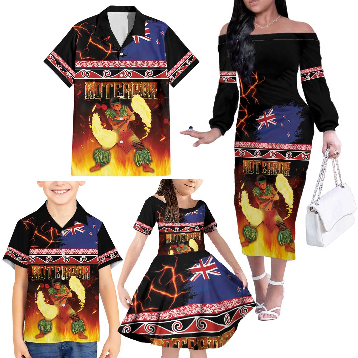 Aotearoa Siva Afi Family Matching Off The Shoulder Long Sleeve Dress and Hawaiian Shirt Tribal Performers of Aotearoa Fire Knife Dancing LT03 - Polynesian Pride