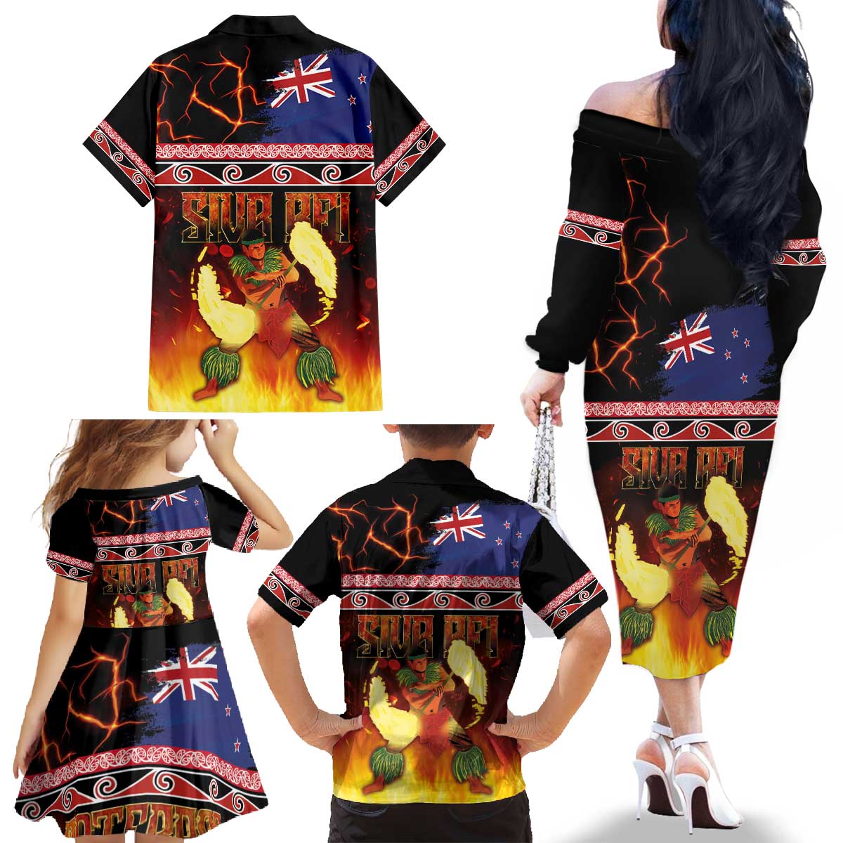 Aotearoa Siva Afi Family Matching Off The Shoulder Long Sleeve Dress and Hawaiian Shirt Tribal Performers of Aotearoa Fire Knife Dancing LT03 - Polynesian Pride