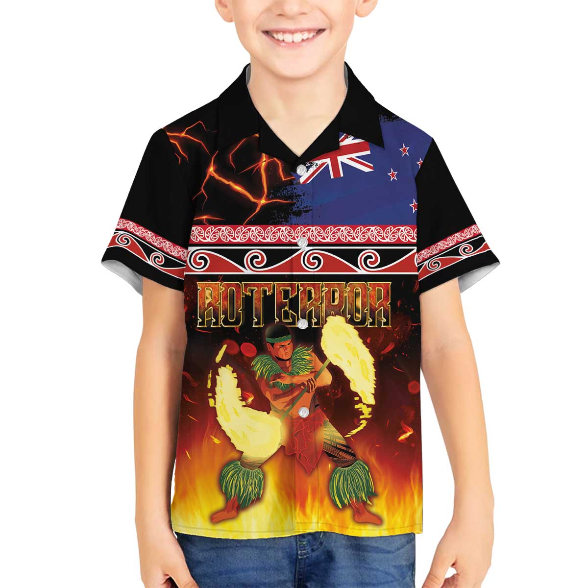Aotearoa Siva Afi Family Matching Off The Shoulder Long Sleeve Dress and Hawaiian Shirt Tribal Performers of Aotearoa Fire Knife Dancing LT03 Son's Shirt Black - Polynesian Pride