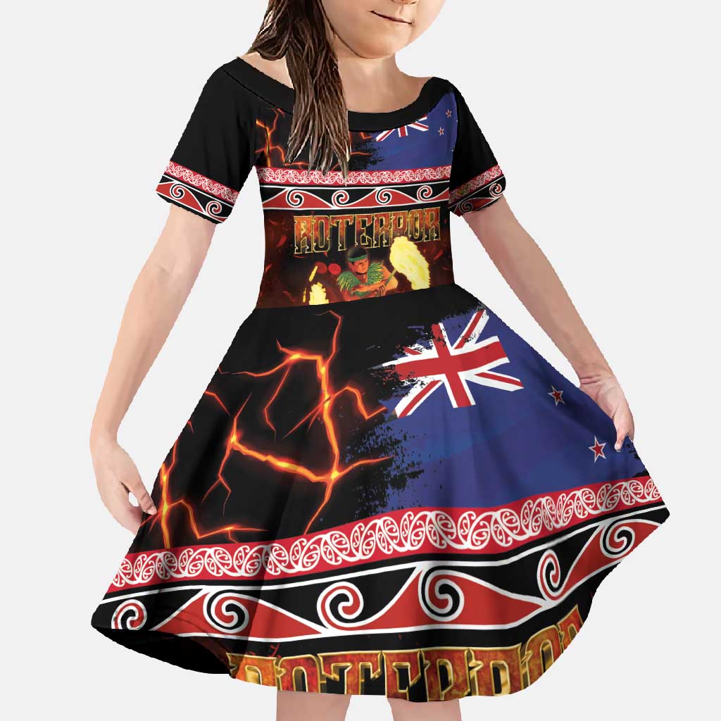 Aotearoa Siva Afi Family Matching Short Sleeve Bodycon Dress and Hawaiian Shirt Tribal Performers of Aotearoa Fire Knife Dancing LT03 Daughter's Dress Black - Polynesian Pride