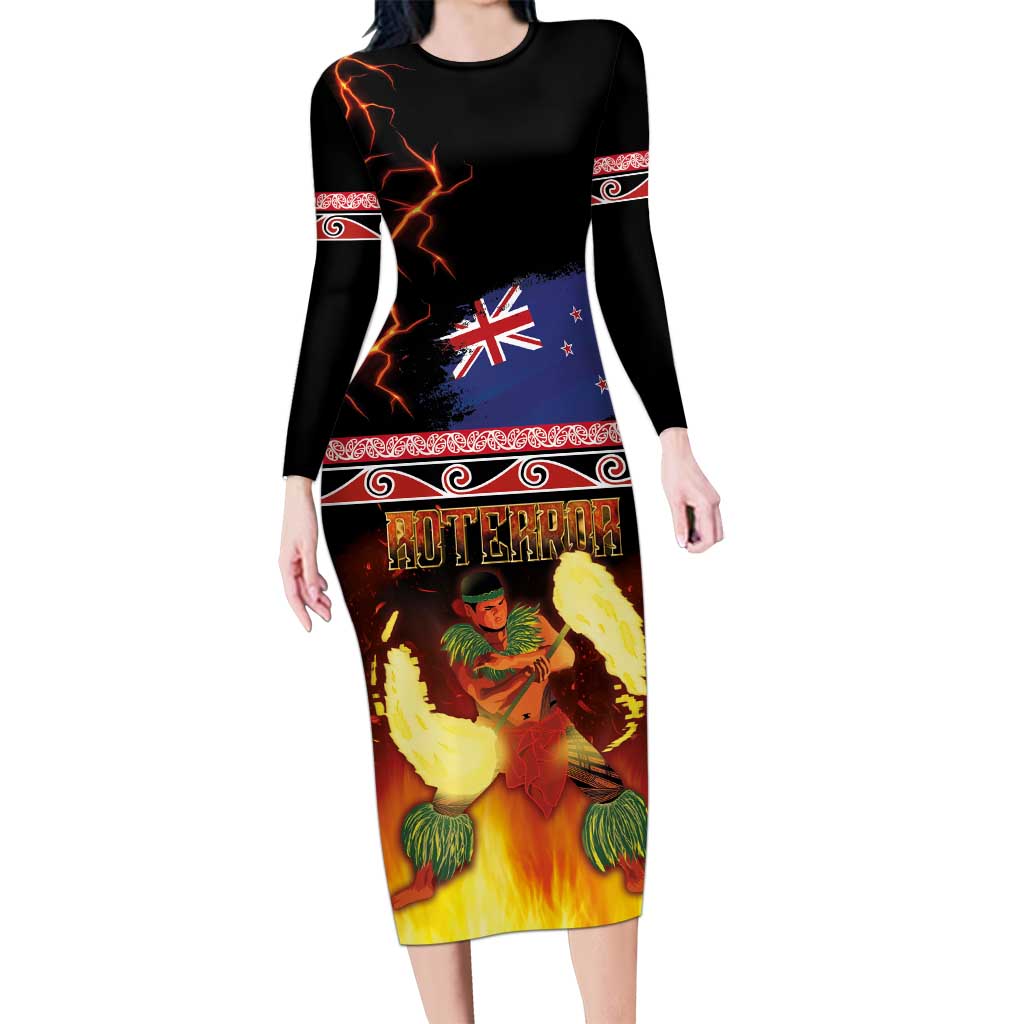 Aotearoa Siva Afi Long Sleeve Bodycon Dress Tribal Performers of Aotearoa Fire Knife Dancing LT03 Long Dress Black - Polynesian Pride