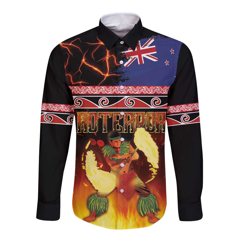 Aotearoa Siva Afi Long Sleeve Button Shirt Tribal Performers of Aotearoa Fire Knife Dancing LT03 Unisex Black - Polynesian Pride