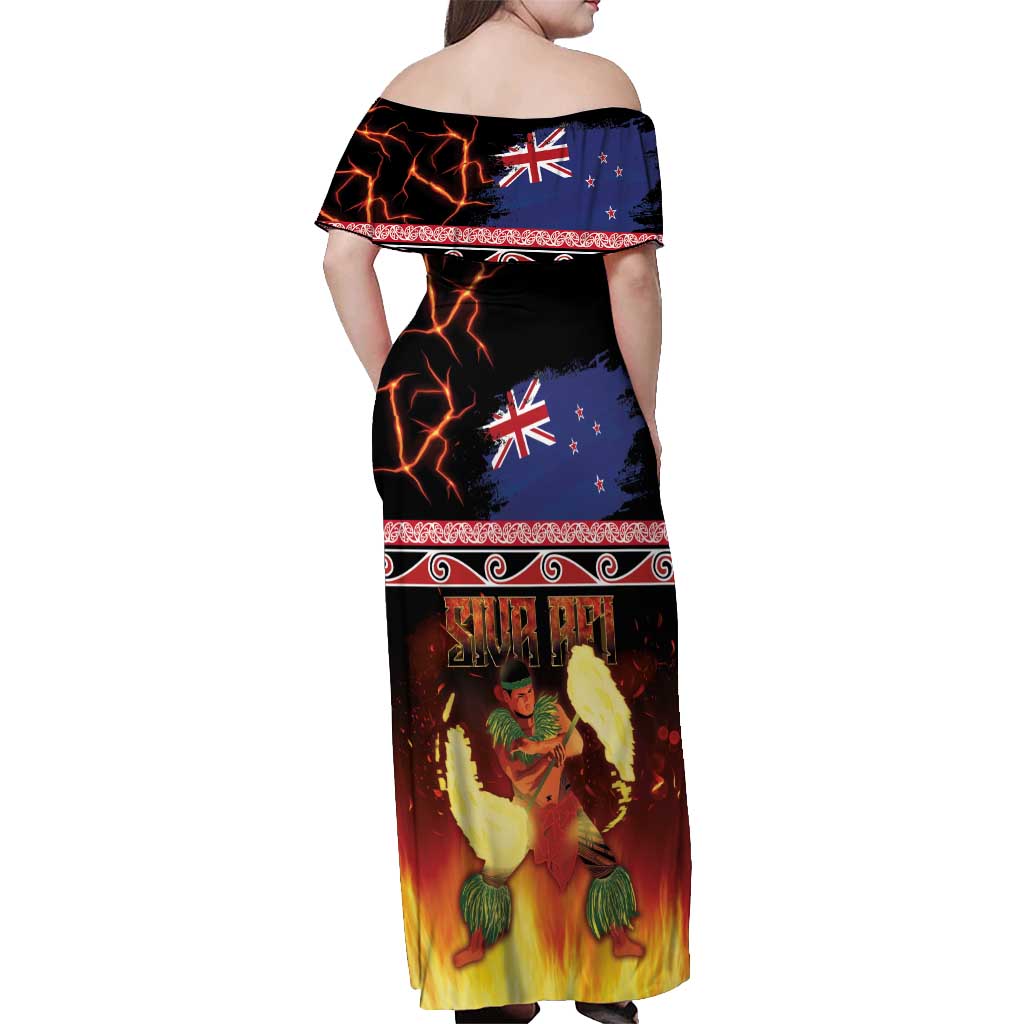 Aotearoa Siva Afi Off Shoulder Maxi Dress Tribal Performers of Aotearoa Fire Knife Dancing