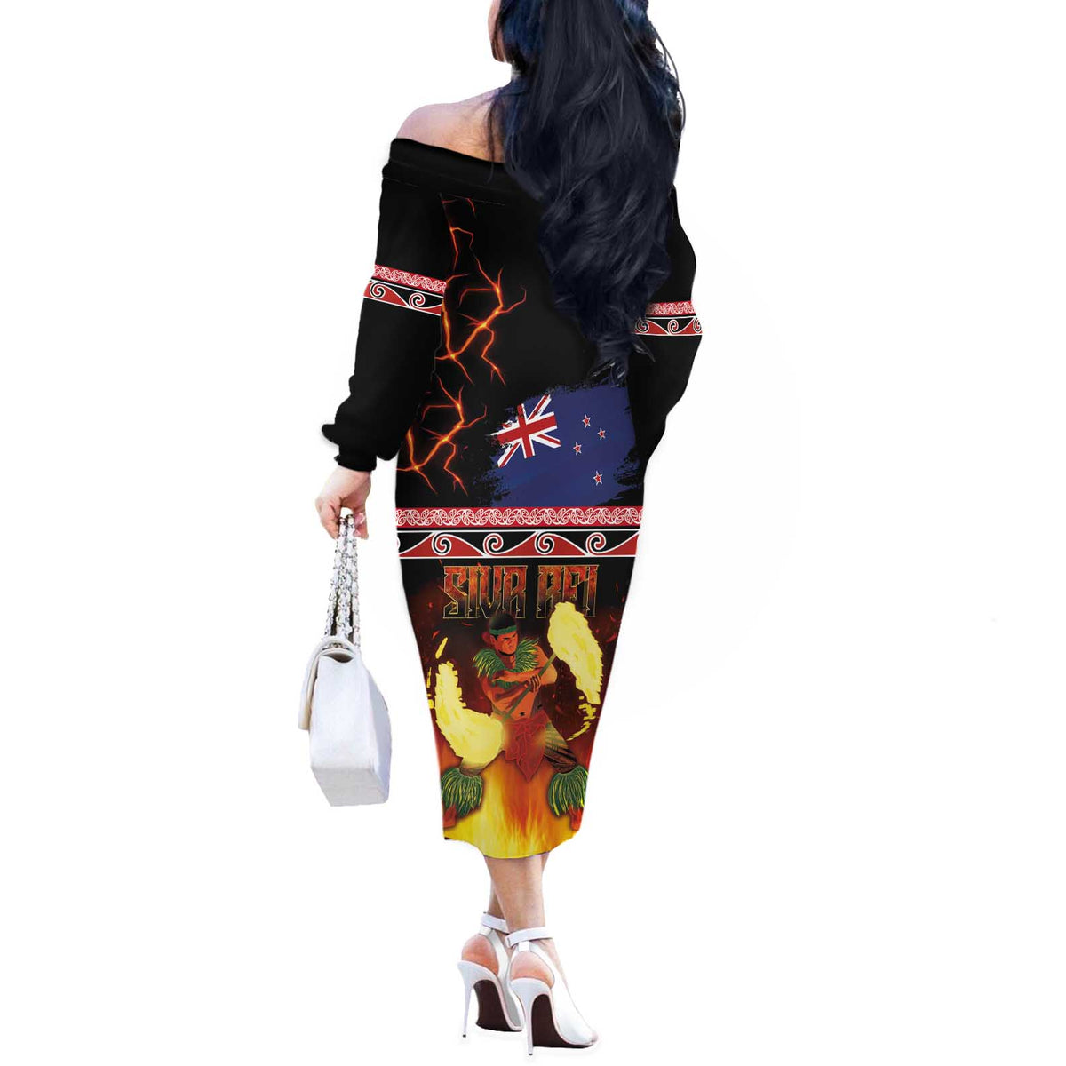 Aotearoa Siva Afi Off The Shoulder Long Sleeve Dress Tribal Performers of Aotearoa Fire Knife Dancing LT03 - Polynesian Pride