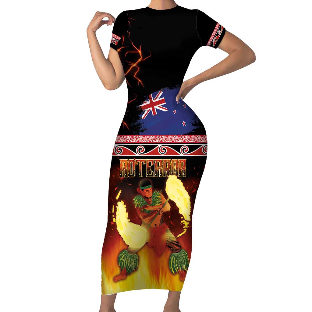 Aotearoa Siva Afi Short Sleeve Bodycon Dress Tribal Performers of Aotearoa Fire Knife Dancing LT03 Long Dress Black - Polynesian Pride