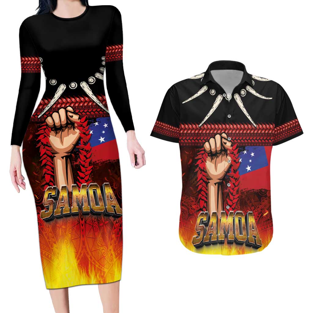 Personalised Samoan Spirit - Samoa Tribal Heritage Couples Matching Long Sleeve Bodycon Dress and Hawaiian Shirt LT03 Black - Polynesian Pride