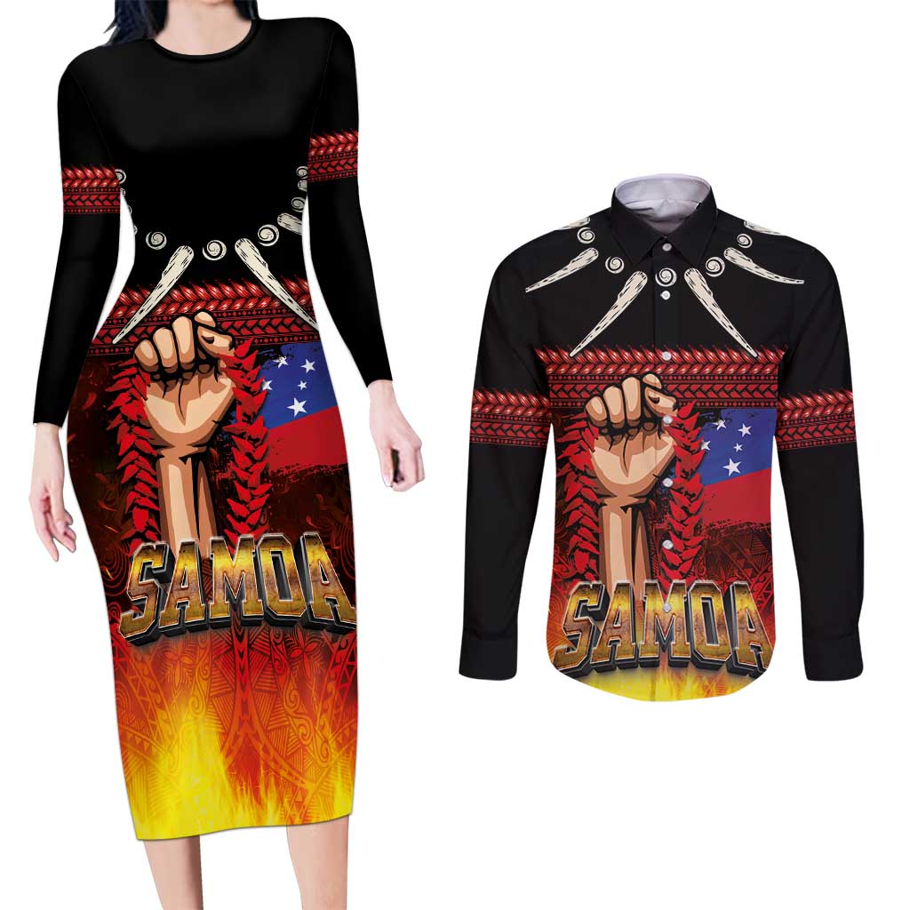 Personalised Samoan Spirit - Samoa Tribal Heritage Couples Matching Long Sleeve Bodycon Dress and Long Sleeve Button Shirt LT03 Black - Polynesian Pride