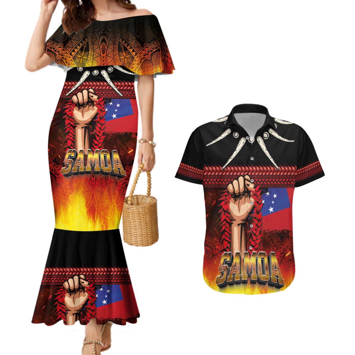 Personalised Samoan Spirit - Samoa Tribal Heritage Couples Matching Mermaid Dress and Hawaiian Shirt LT03 Black - Polynesian Pride